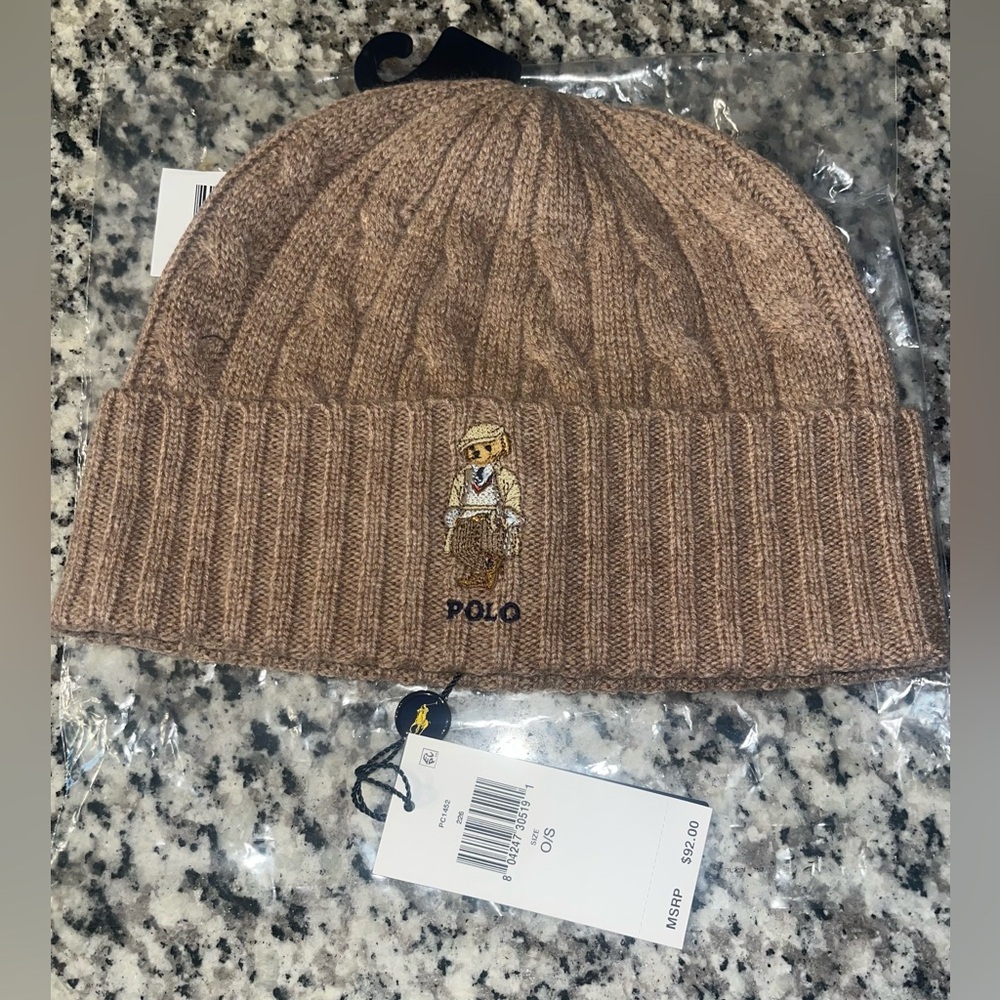 Polo by Ralph Lauren Tan Cable Knit Beanie Bear NWT